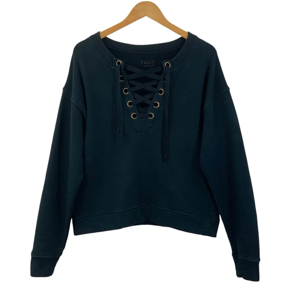 MOTHER The Tie Up Easy Sweatshirt Shoe Lace Top Black Size Large B24 - Picture 2 of 12